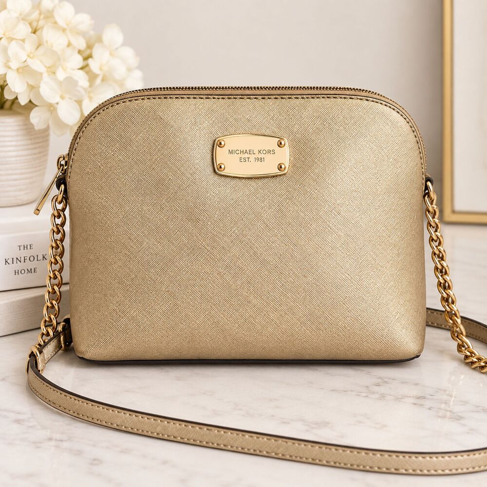 Michael Kors Cindy Dome Crossbody Bag Pale Gold Saffiano Leather Chain